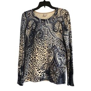 Chico's Patterned Navy Blue and White Size Small Long Sleeve Scoop Neck Sweater